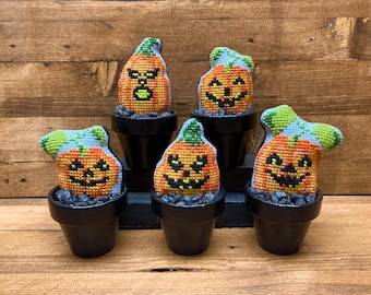 Potted Cross Stitch - Jack'o'Lanterns - Pattern Embroidery Digital Download Halloween Goth Desk Window Ornament PDF (Not a Finished Item)