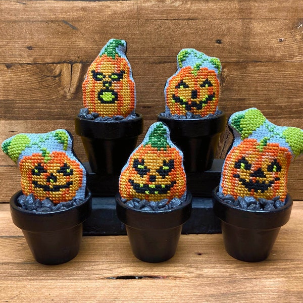 Potted Cross Stitch - Jack'o'Lanterns - Pattern Embroidery Digital Download Halloween Goth Desk Window Ornament PDF (Not a Finished Item)