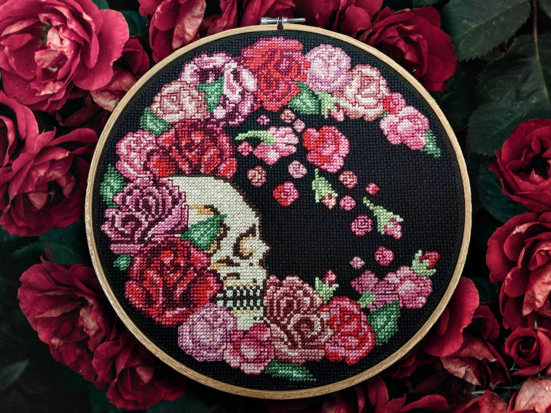 Dead Roses Pattern Death in Roses - Cross Stitch Pattern Embroidery Flowers Floral Skull ...