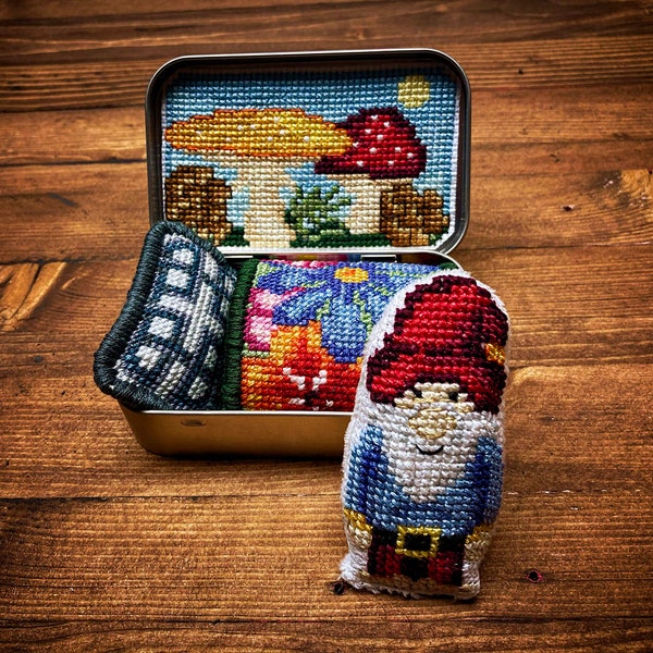 Altoids Tin Pocket Summer Gnome - Cross Stitch Pattern Embroidery Garden Gnome Flowers Mushrooms PDF (Not a Finished Item or Kit!)