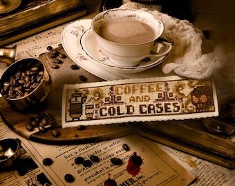 Coffee & Cold Cases Bookmark - Cross Stitch Pattern Embroidery True Crime Cozy Java Murder Digital Download PDF (Not a Finished Item!)