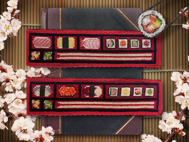 Sushi Bento Box Set Bookmark Pattern Cross Stitch Embroidery Japanese Food Digital Download PDF Not a Finished Item imagem 1