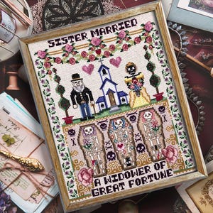 Puede incluir: Arte de punto de cruz enmarcado con el texto "Sister Married" y "A Widower of Great Fortune". El diseño presenta una pareja de esqueletos, una iglesia y ataúdes. La paleta de colores incluye rosa, verde y marrón.