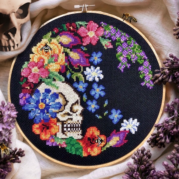 Death in Summer - Cross Stitch Pattern Embroidery Flowers Floral Skull Skeleton Colorful Digital Download PDF (Not a Finished Item!)