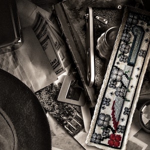 May include: A close-up of a vintage camera, a hat, and a stack of dollar bills. A white bookmark with a red flower and blue and green floral design is visible in the foreground.