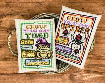 Grow Your Own Spider, Toad - Cross Stitch Pattern Embroidery Primitive Sampler Halloween Ornament PDF (Not a Finished Item)