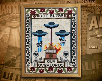 God Bless Our Overlords Alien Sampler - Cross Stitch Pattern Embroidery Cryptid UFO Martians Digital Download PDF (Not a Finished Item!)