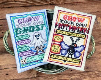 Grow Your Own Mothman, Ghost - Cross Stitch Pattern Embroidery Primitive Sampler Cryptid Halloween Ornament PDF (Not a Finished Item)