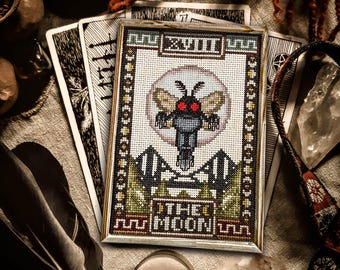 The Moon Mothman Tarot - Cross Stitch Pattern Embroidery Cryptid Goth Witchy Halloween PDF (Not a Finished Item!)