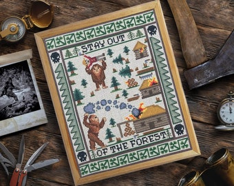 Bigfoot Vs Logging Camp Sampler - Cross Stitch Pattern Embroidery Cryptid Bigfoot Sasquatch Digital Download PDF (Not a Finished Item!)