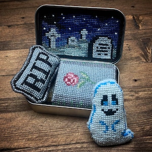 Altoids Tin Pocket Ghost - Cross Stitch Pattern Embroidery Goth Spooky Murder Mystery True Crime Halloween PDF (Not a Finished Item or Kit!)