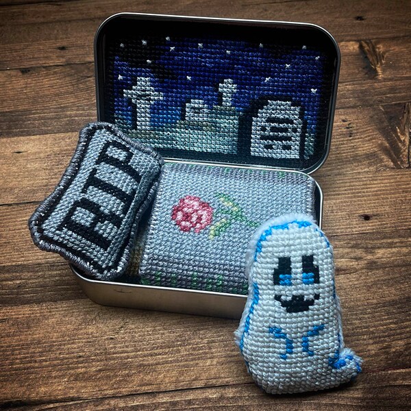 Altoids Tin Pocket Ghost - Cross Stitch Pattern Embroidery Goth Spooky Murder Mystery True Crime Halloween PDF (Not a Finished Item or Kit!)