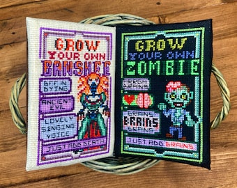 Grow Your Own Banshee, Zombie - Cross Stitch Pattern Embroidery Primitive Sampler Cryptid Halloween Ornament PDF (Not a Finished Item)