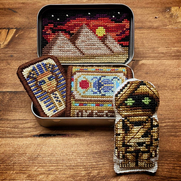 Altoids Tin Mummy Movie Monster - Cross Stitch Pattern Embroidery Egypt Halloween Tomb Pyramids Horror Toy PDF (Not a Finished Item or Kit!)