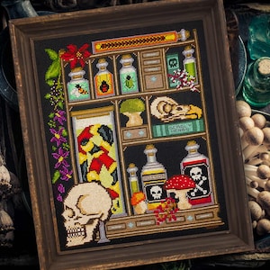 Muestreador de gabinete de curiosidades venenoso - Patrón de punto de cruz bordado True Crime Goth Mystery Descarga digital PDF (¡No es un artículo terminado!)