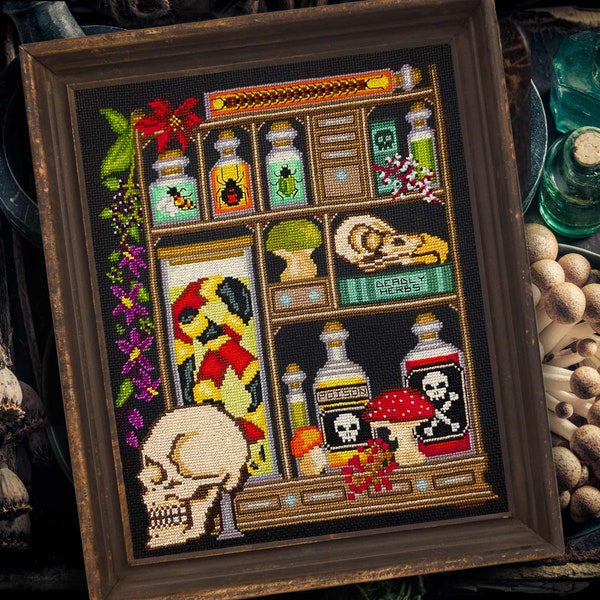 Poison Cabinet of Curiosities Sampler - Cross Stitch Pattern Embroidery True Crime Goth Mystery Digital Download PDF (Not a Finished Item!)