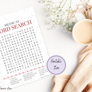 May include: A printable medical word search puzzle with a white background and red snowflakes. The words are in red and the puzzle is surrounded by a red EKG line. The words to find are listed below the puzzle. The words include: cannula, catheter, defibrillator, endoscope, glucometer, ophthalmoscope, speculum, suction, ultrasound, ventilator, x-ray.