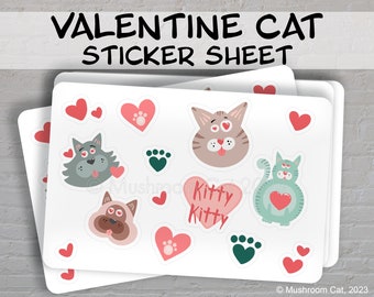 Hoja de pegatinas de gato de San Valentín