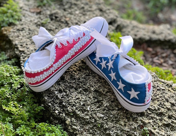 USA, USA Sneakers, Stars and Stripes Sneakers, Red White and Blue Sneakers, Sparkly Sneakers, American Flag Sneakers, 4th of July Sneakers