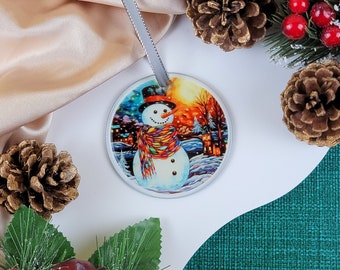 Snowman Faux Stained Glass Christmas Ornament  - Happy Winter Snowman Holiday Ornament