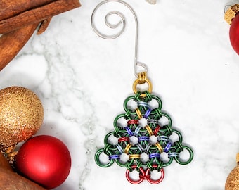 Christmas Tree Ornament - Japanese Chainmaille Colorful Tree Ornament - Unique Metal Holiday Ornament - Festive Holiday Decoration