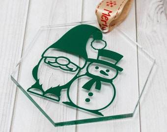 Holiday Gnome Christmas Ornament - Clear Acrylic Holiday Ornament - Christmas Gnome Snowman Ornament - Holiday Decor