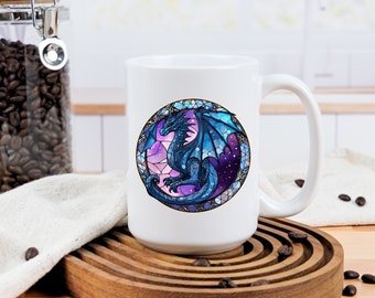 Stained Glass Dragon 15oz Coffee Mug - Gothic Dragon Coffee Mug - Gift for Dragon Lovers - Large Ceramic Mug