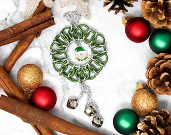 Green Holiday Wreath Ornament - Chainmaille Ornament - Holiday Ornament - Bell Ornament - Elf Ornament - Christmas Ornament