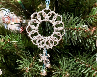 Snowflake Wreath Ornament - Chainmaille Ornament - Snowflake Ornament - Bell Ornament - Chainmaille Decor - Car Mirror Charm - Holiday Charm