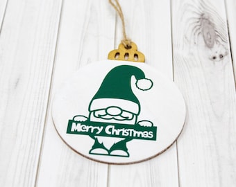 Holiday Gnome Christmas Ornament - Hand painted Wooden Holiday Ornament - Christmas Gnome Vinyl Ornament - Holiday Decor