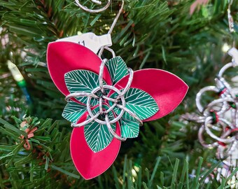 Poinsettia Christmas Tree Ornament - Scale Trillium Flower Ornament - Unique Metal Holiday Decoration - Red and Green Christmas Ornament