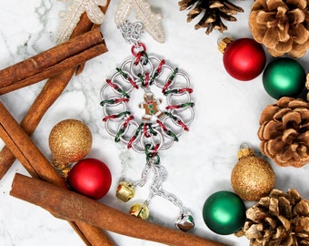 Christmas Gingerbread Man Wreath Ornament - Chainmaille Ornament - Holiday Ornament - Bell Ornament - Chainmaille Decor - Christmas Ornament