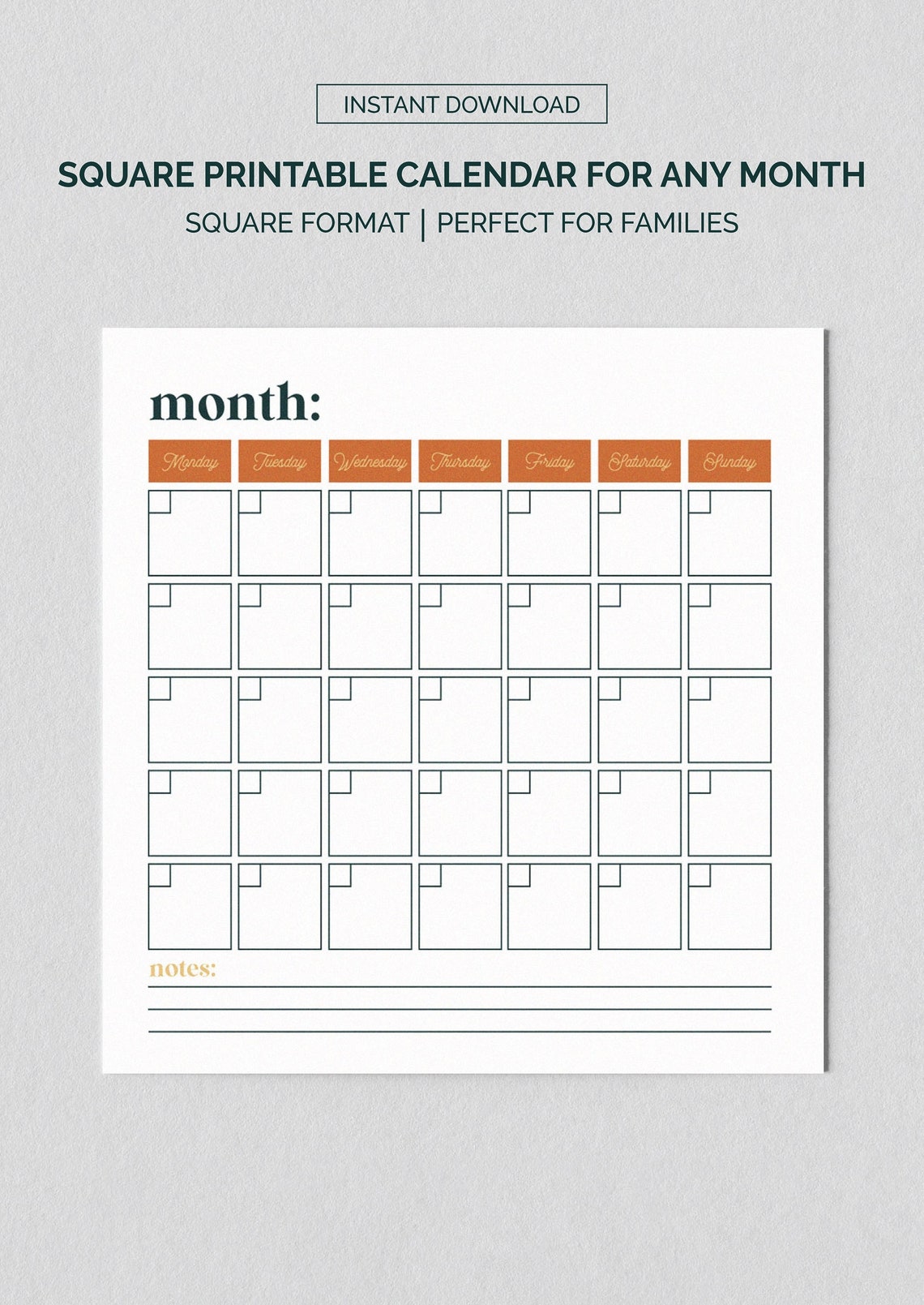 Printable blank calendar large printable calendar any month etsy