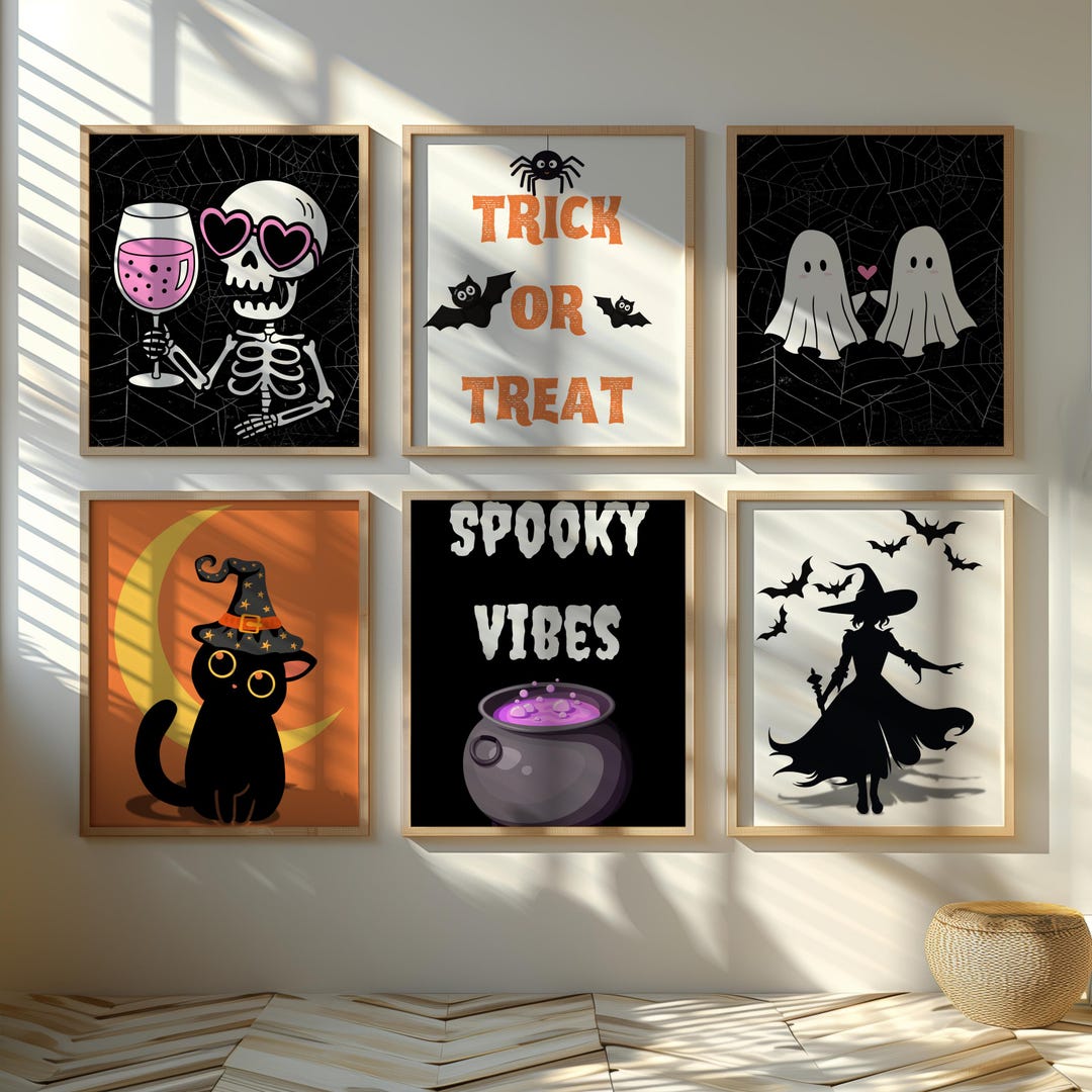 Halloween Set of 6 Prints, Funny Skeleton Print, Spooky Home Decor ...