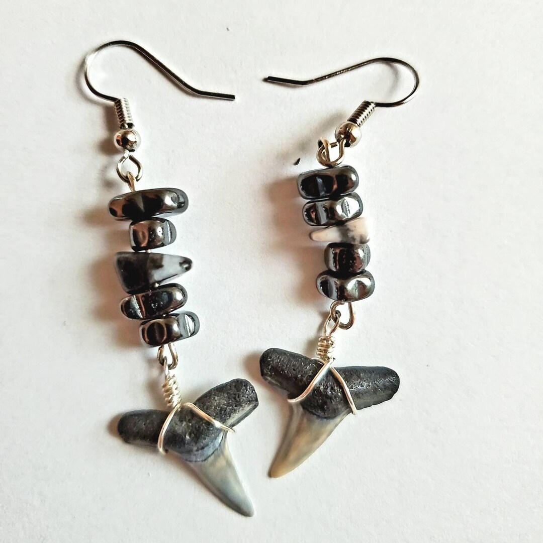 Gemstone Dangle Shark Tooth Earrings - Etsy