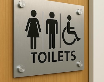 Brushed Silver Metal Toilet Sign: Unisex, Disabled Access (20x15 cm)