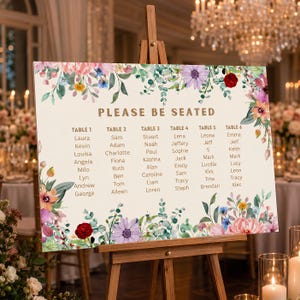 May include: A rectangular wedding seating chart sign on a wooden easel with the text PLEASE BE SEATED in gold. The sign features a cream background with watercolour floral illustrations in pink, purple, red, and green along the top and bottom edges.