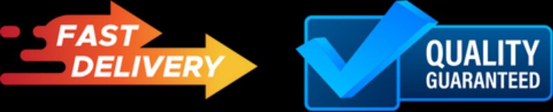 May include: A graphic with two arrows pointing to the right. The first arrow is red and orange and says "FAST DELIVERY". The second arrow is yellow. The second graphic is a blue checkmark inside a blue rectangle with the text "QUALITY GUARANTEED".
