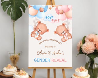Teddy Bear Gender Reveal Party Sign Poster or Welcome board Pink & Blue