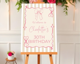 Personalised Birthday Welcome Sign, Pink Bow Celebration Poster, Any Age Display Board