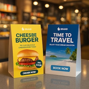 May include: Two table tents. One yellow with "CHEESBE BURGER" and a cheeseburger image. The other blue with "TIME TO TRAVEL" and a beach scene. Both have a brand logo and call to action.