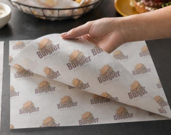Personalised Greaseproof Paper Sheets, Custom Logo Food Wrap, Printed Deli Paper, Branded Bakery Cafe Takeaway Packaging