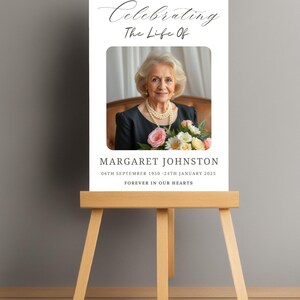 May include: A white poster with black text that reads "Celebrating The Life Of" and a photo of a woman with a bouquet of flowers. The text below the photo reads "Margaret Johnston 06th September 1950 - 24th January 2025 Forever In Our Hearts".