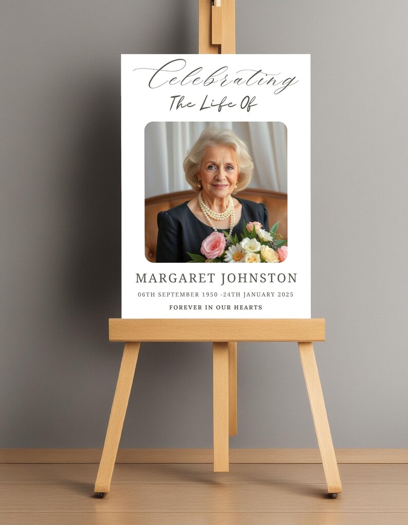 May include: A white poster with black text that reads "Celebrating The Life Of" and a photo of a woman with a bouquet of flowers. The text below the photo reads "Margaret Johnston 06th September 1950 - 24th January 2025 Forever In Our Hearts".