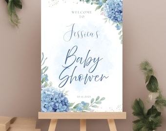 Personalized Baby Shower Welcome Sign: Blue Hydrangea Floral Foamboard or Poster