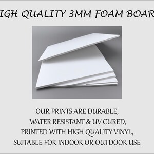 May include: Close-up of a stack of white 3mm foam board. The foam board is durable, water resistant, UV cured, and printed with high quality vinyl. It is suitable for indoor or outdoor use.