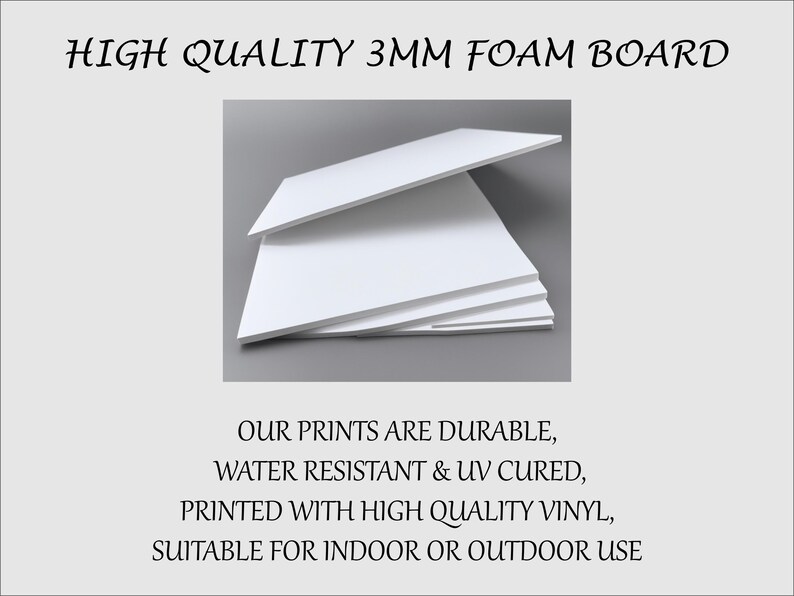 May include: Close-up of a stack of white 3mm foam board. The foam board is durable, water resistant, UV cured, and printed with high quality vinyl. It is suitable for indoor or outdoor use.