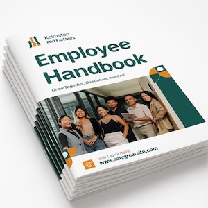 May include: A pile of white Employee Handbooks with a green and orange design. The cover displays the text "Employee Handbook" and "Keimston and Partners". The tagline "Grow Together, One Culture, One Goal" is also visible. A group of smiling people are pictured.