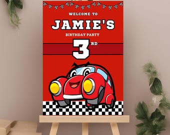 Red Car Themed Birthday Welcome Sign,  Party Poster, Display Board Decor
