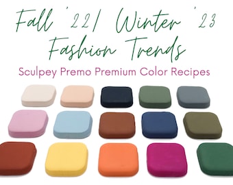 May include: Fall '22 / Winter '23 Fashion Trends - Sculpey Premo Premium Color Recipes. A collection of 15 small square polymer clay samples in various colors, including white, pink, light blue, brown, yellow, orange, red, green, and gray.